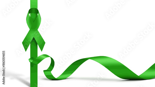 Elegant green awareness ribbon on a white background, symbolizing hope and support