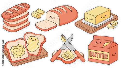 Cute smiling slices of bread with butter curls spread on toast and packing butter box in kawaii style vector art