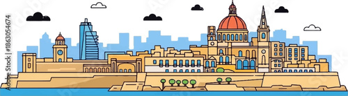 Colorful cartoon cityscape with distinct architecture and a modern skyscraper