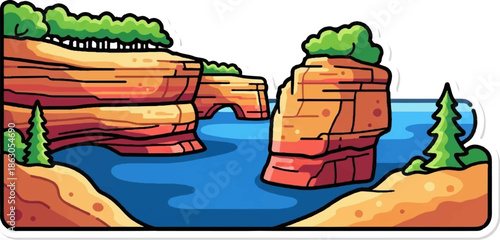 Colorful cartoon cliffs and trees border a serene blue body of water