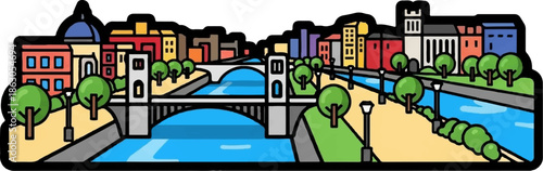 Colorful cartoon cityscape with a river, bridges, buildings, trees, and streetlights under a bright sky