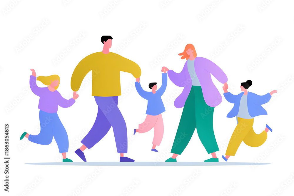 Obraz premium Joyful Family Bonding: A lively cartoon depicts a family of five, united in happiness as they playfully hold hands. A celebration of love and togetherness