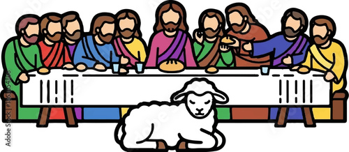 Colorful cartoon illustration of a group of men with beards dining at a table, with a lamb in front