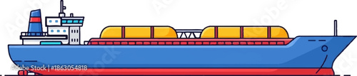 Colorful cartoon illustration of a large cargo ship with blue hull, red bottom, and yellow deck tanks