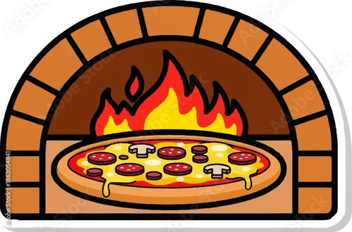 Colorful cartoon illustration of a pepperoni and mushroom pizza baking in a traditional brick oven with flames