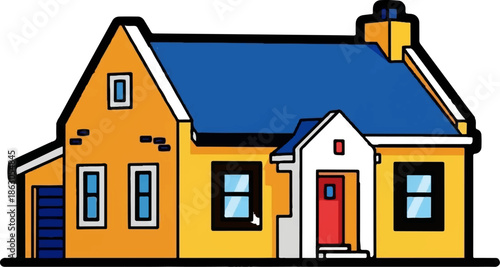 Colorful cartoon illustration of a single-family house with a bright yellow body and blue roof