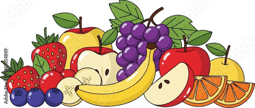 Colorful cartoon illustration of a vibrant fruit assortment including strawberries, blueberries, apples, grapes, bananas, and oranges