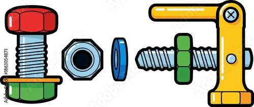 Colorful cartoon illustration of various mechanical components a bolt, two nuts, a washer, and a clamp