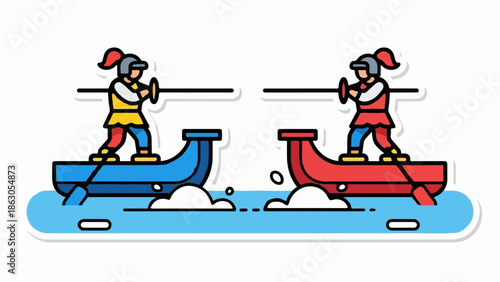 Colorful cartoon illustration of two armored figures jousting in blue and red boats on water