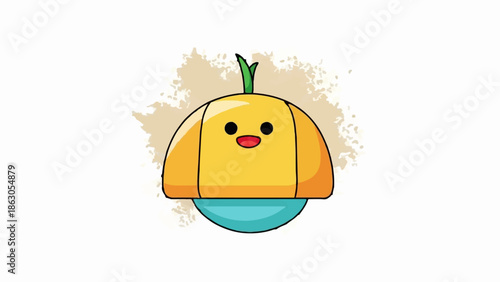 Cute cartoon pumpkin character with happy face and teal base, on white