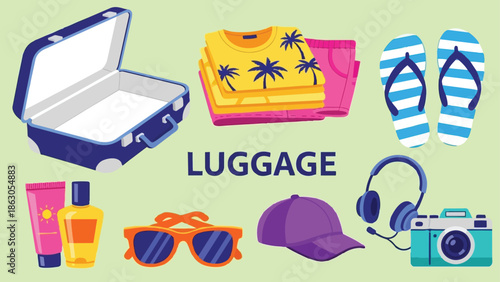 Colorful flat design packing luggage set with tropical clothes sunglasses flip flops camera sunscreen and headphones for summer travel