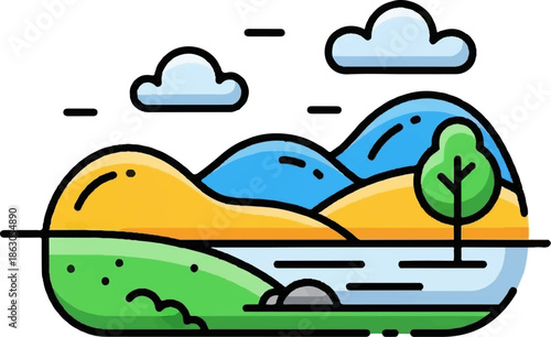 Colorful cartoon landscape illustration featuring blue mountains, a calm lake, green shores, a tree, and clouds