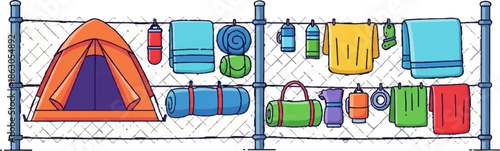 Colorful cartoon illustration of various camping and beach gear, including a tent, towels, and bags, hanging on a fence