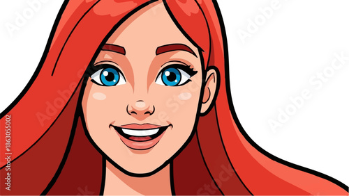 Close-up of a cartoon woman's face with bright blue eyes, smiling widely, framed by long red hair