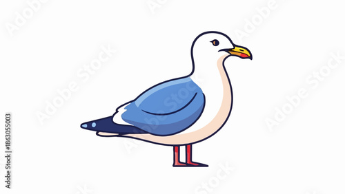 Cute cartoon seagull illustration with white body, blue wings, yellow beak, and red legs standing