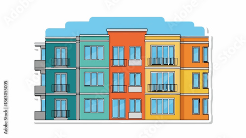 Colorful cartoon-style apartment buildings with balconies and windows under a blue sky, outlined with a shadow