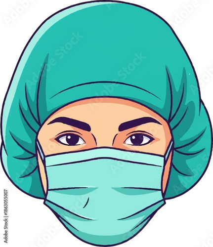 Close-up illustration of eyes and masked face of a medical professional wearing a surgical cap