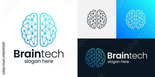 Creative brain tech logo design illustration. Inspiration vector symbol brain with abstract dot technology connection. Logo for science, learning, research, technology, human brain icon