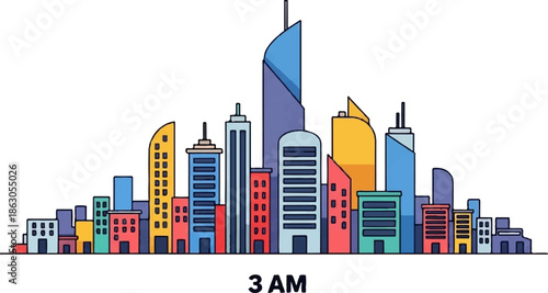 Colorful, cartoon-style cityscape illustration with tall buildings at 3 AM
