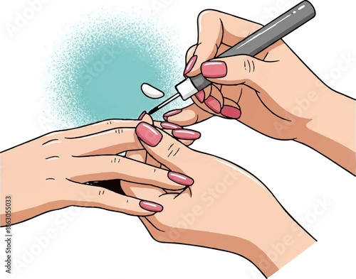 Close-up of a hand applying pink nail polish to another hand's fingernails