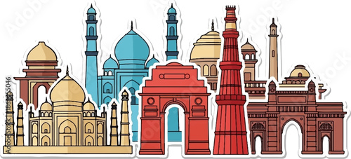 Colorful cartoon-style illustrations of iconic Indian landmarks and monuments