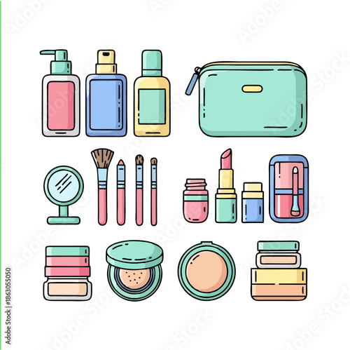 Collection of various makeup and cosmetic products, including bottles, brushes, compacts, and a makeup bag, presented in a flat design style