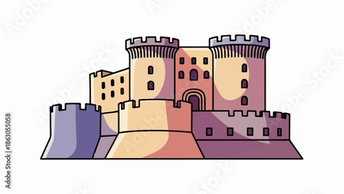 Colorful cartoon-style castle illustration with multiple towers, crenellated walls, and a main gate
