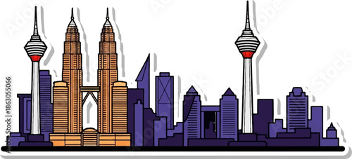 Colorful city skyline featuring iconic towers and modern skyscrapers against white