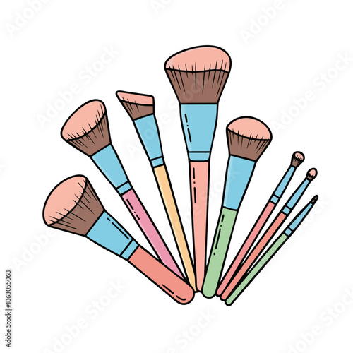 Vibrant collection of essential beauty tools, featuring a diverse array of professional cosmetic brushes in an artistic illustration style, perfect for makeup application