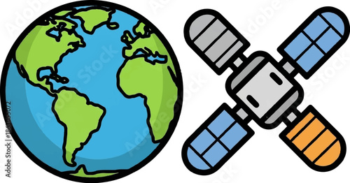 Cartoon Earth globe showing continents alongside an artificial satellite with solar panels