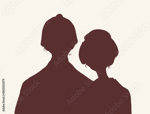 寄り添う着物を着た男女　江戸時代　バストアップ　シルエット