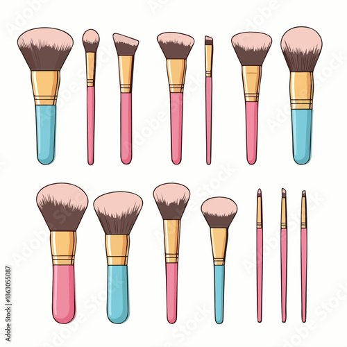 Collection of various makeup brushes with pink and blue handles, showcasing different shapes and sizes for cosmetic application