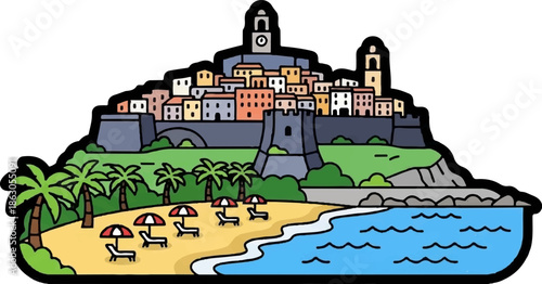 Colorful coastal town with a beach and ocean view