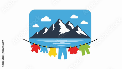 Colorful clothes drying on a line with a mountain and lake backdrop