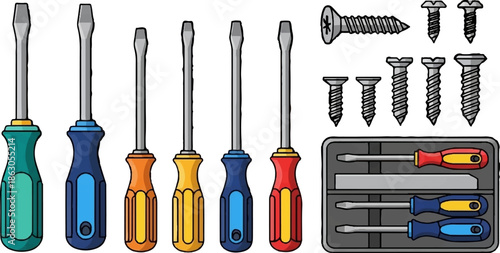 Colorful flathead screwdrivers, various screws, and a compact screwdriver set, all essential tools