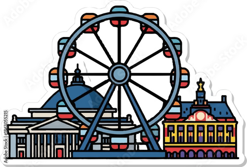 Colorful Ferris wheel towering over ornate buildings in a vibrant city panorama