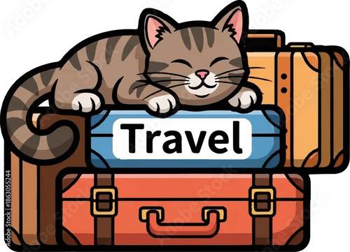 Cute cat napping atop stacked vintage luggage with 'Travel' inscribed