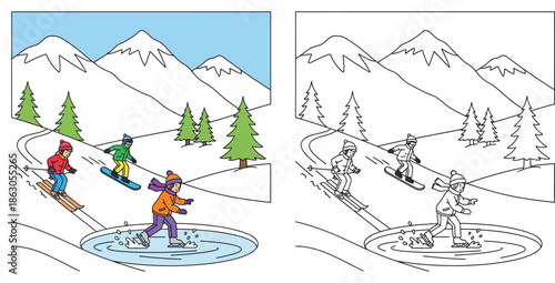 Children doing winter sports coloring page vector illustration. Kids skiing, snowboarding, and ice skating on frozen pond with mountain background line art and color version.