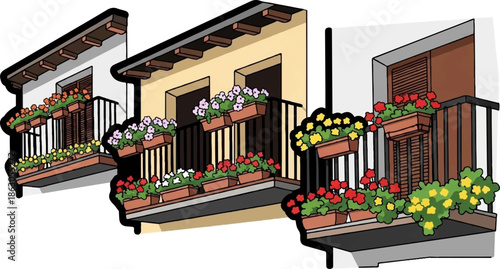 Colorful flower boxes adorn balconies of three adjacent buildings