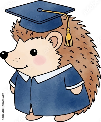 Cute hedgehog wearing a graduation cap and gown