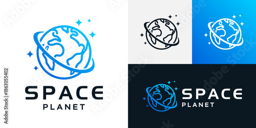 Creative space planet logo design illustration. Inspiration vector symbol globe with abstract line style icon design template