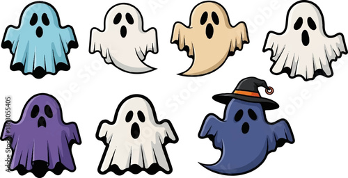 Cartoon ghosts in various colors, one wears a witch hat