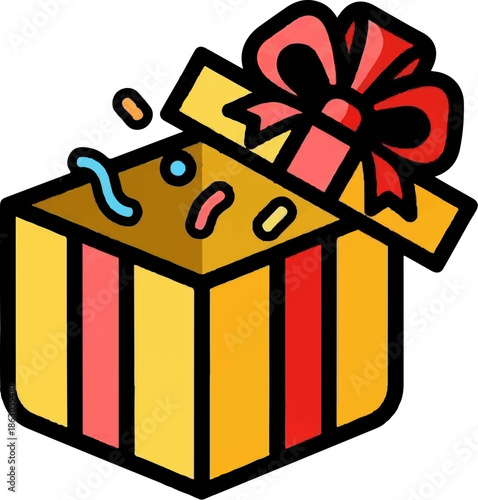 Cartoon gift box illustration, lid open with red bow, showing colorful confetti popping out