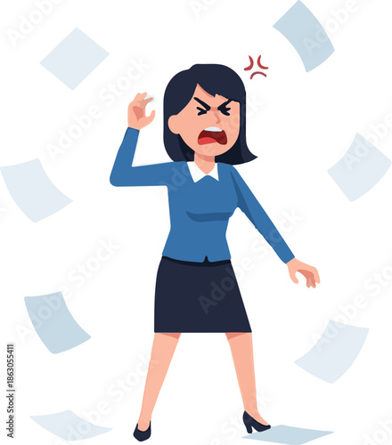 An animated businesswoman in blue shirt and dark skirt screams in rage, tossing papers around in frustration