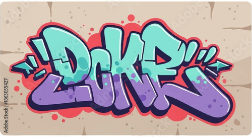Colorful graffiti art with bubble letters in aqua and purple against a textured wall