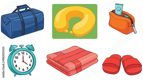 Colorful flat design travel essentials including blue duffel bag, yellow neck pillow, orange toiletry bag, teal alarm clock, red towel, red slippers