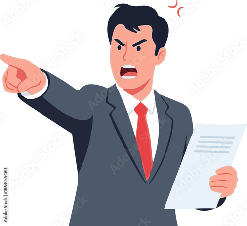 An angry man in a suit points accusingly, holding a document, expressing strong disapproval or command