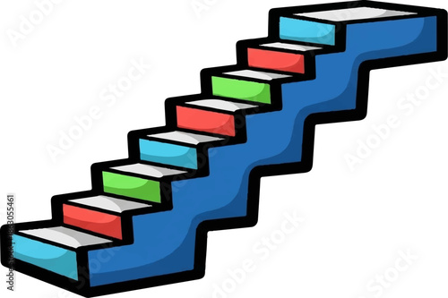 Colorful graphic stairs ascend diagonally against a white background, with each step in a different shade
