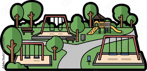An overhead illustration of a vibrant park with multiple playgrounds, swings, slides, trees, and benches