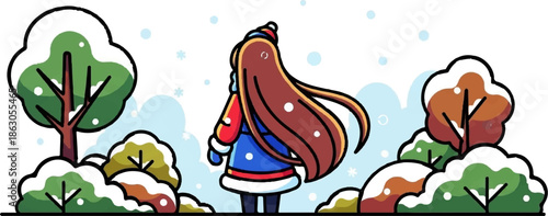 Cartoon girl in winter coat, facing away, amidst snow-covered trees and bushes